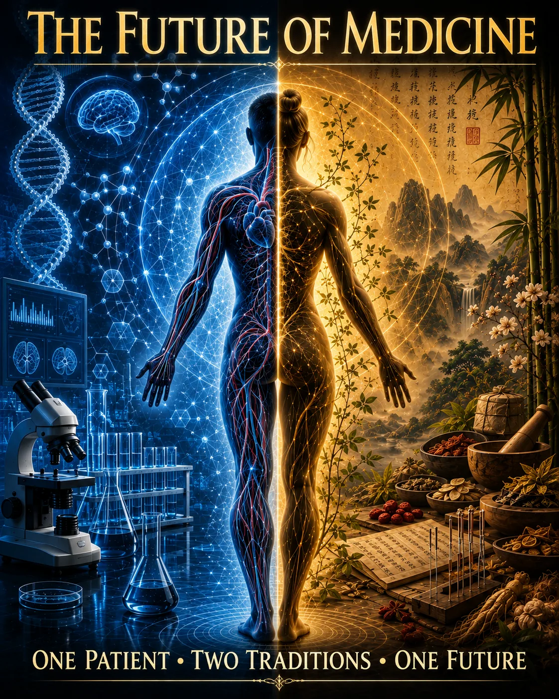 The Future of Medicine. Conceptual artwork blending Western biomedical imagery and Eastern medicine around a central human figure. One Patient · Two Traditions · One Future.