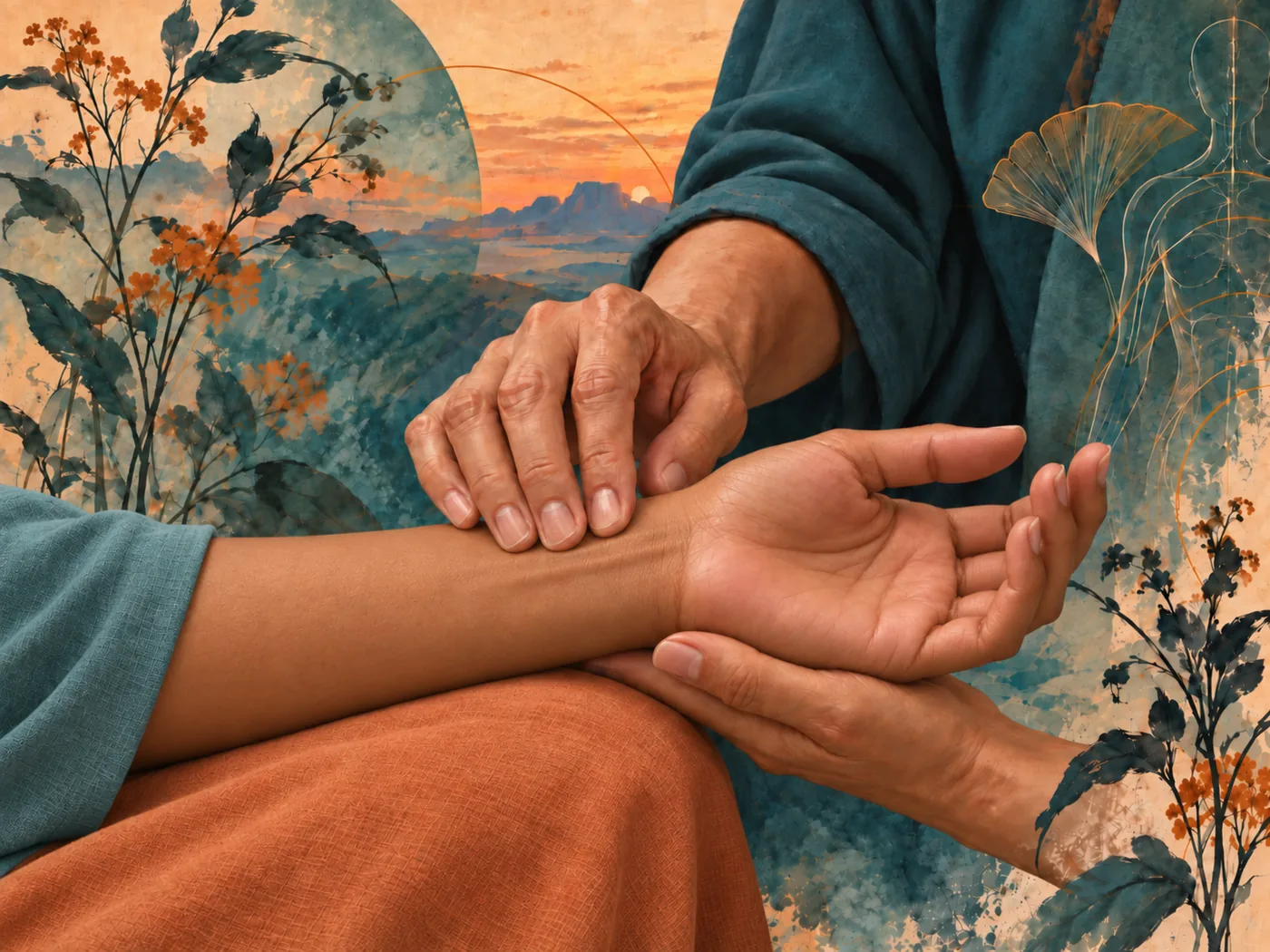 Painting of hands assessing a wrist pulse, framed by teal botanical forms and warm Southwestern light.
