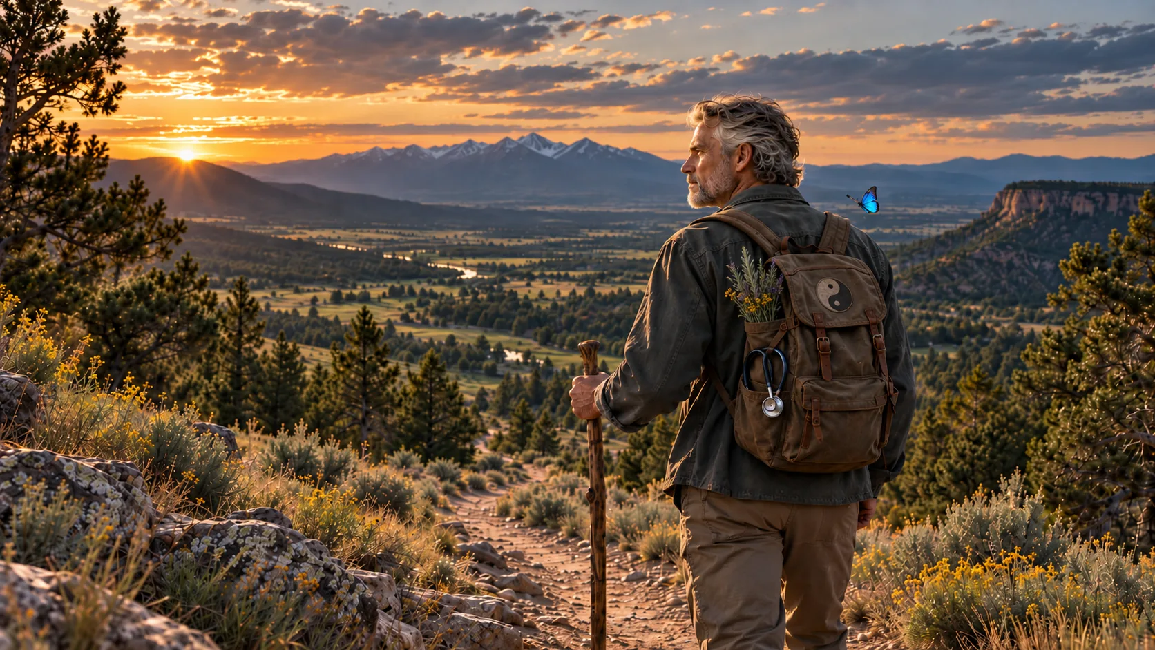 Artistic depiction of Dr. Jerry as a mountain guide, looking across a green valley at sunset, with a winding trail and a blue butterfly nearby.