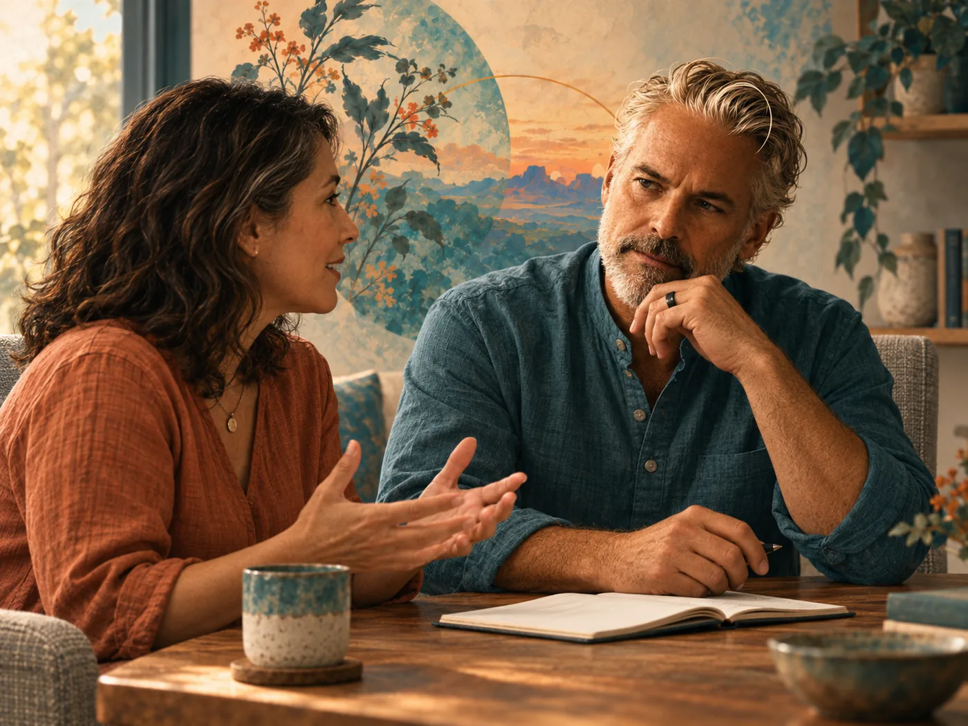 Illustration of a practitioner listening attentively to a woman during a supportive oncology care conversation.